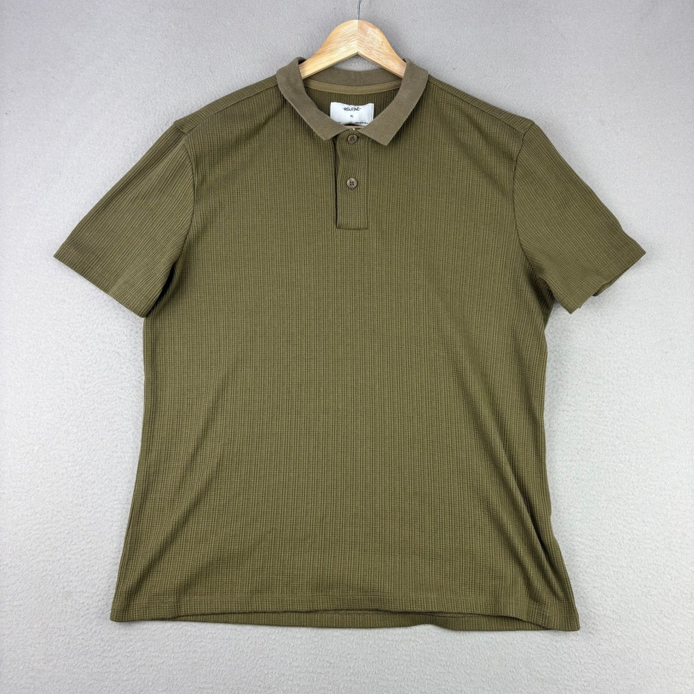 Routine‎ Waffle Knit Polo Shirt Men XL Olive Green Short Sleeve Slim-Fit Preppy